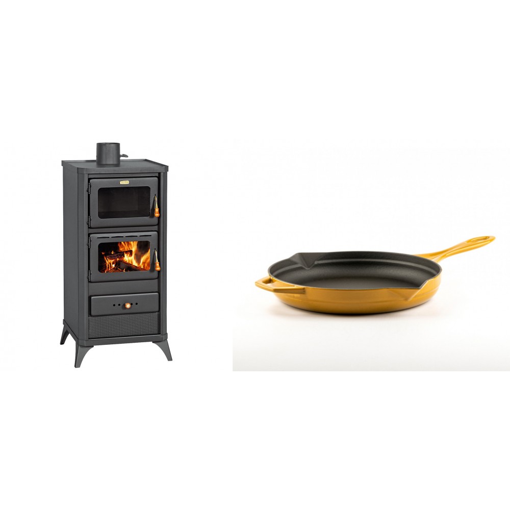 Set Kaminofen, Holzofen mit Backfach Prity, Modell FM E, Leistung 12.1kW, Füße + Emaillierte Gusseisenpfanne Solagio, Dijon, Ф24cm | Holzofen | Kaminofen |
