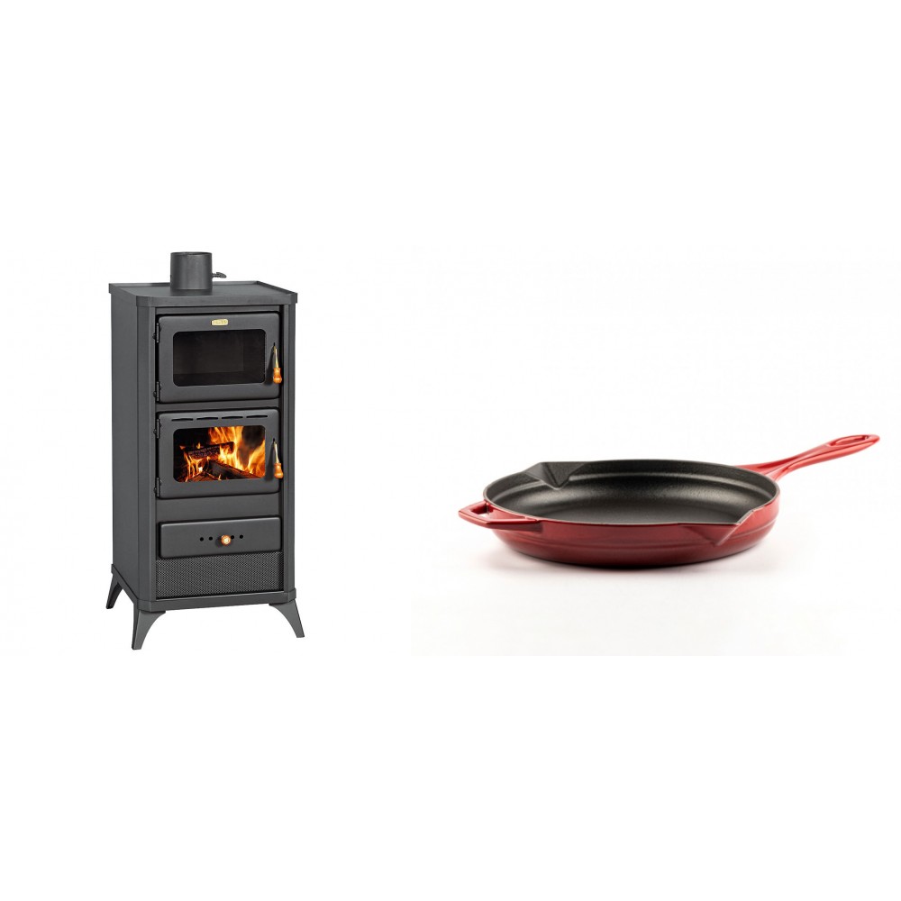 Set Kaminofen, Holzofen mit Backfach Prity, Modell FM E, Leistung 12.1kW, Füße + Emaillierte Gusseisenpfanne Solagio, Rubin, Ф24cm | Holzofen | Kaminofen |