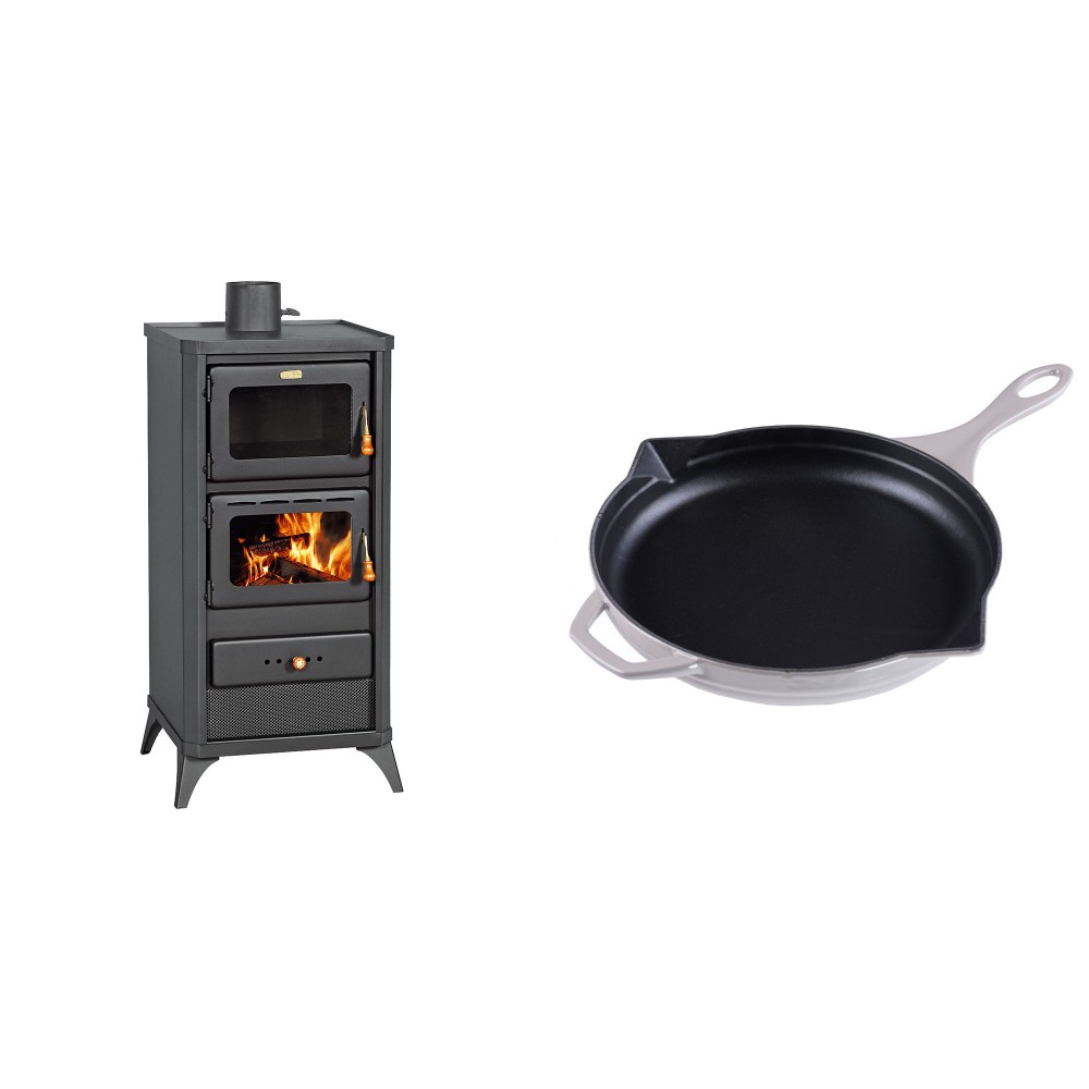 Set Kaminofen, Holzofen mit Backfach Prity, Modell FM E, Leistung 12.1kW, Füße + Emaillierte Gusseisenpfanne Solagio, Ivory, Ф28cm