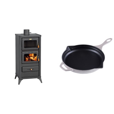 Set Kaminofen, Holzofen mit Backfach Prity, Modell FM E, Leistung 12.1kW, Füße + Emaillierte Gusseisenpfanne Solagio, Ivory, Ф28cm - Kaminofen - Holzofen mit Backfach