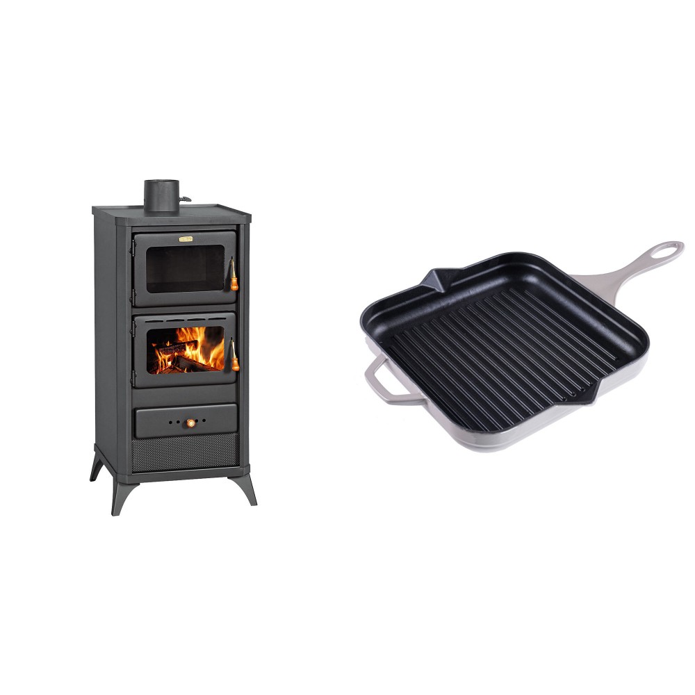 Set Kaminofen, Holzofen mit Backfach Prity, Modell FM E, Leistung 12.1kW, Füße + Emaillierte grillpfanne Gusseisen Solagio, Ivory, 28x28cm | Holzofen | Kaminofen |