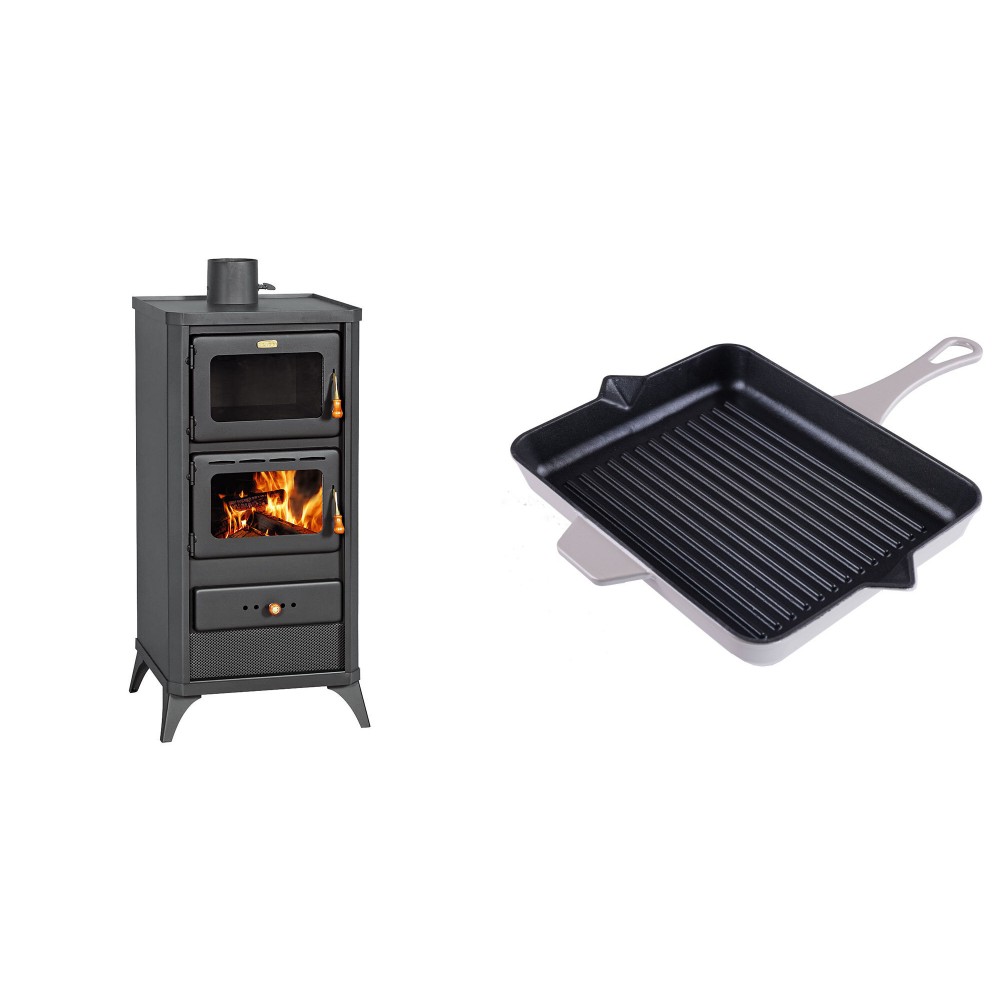 Set Kaminofen, Holzofen mit Backfach Prity, Modell FM E, Leistung 12.1kW, Füße + Emaillierte grillpfanne Gusseisen Solagio, Ivory, 26x32cm | Holzofen | Kaminofen |