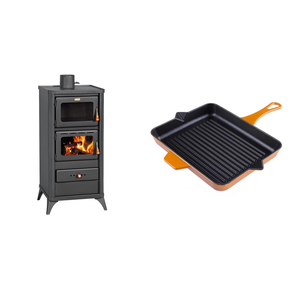 Set Kaminofen, Holzofen mit Backfach Prity, Modell FM E, Leistung 12.1kW, Füße + Emaillierte grillpfanne Gusseisen Solagio, Dijon, 26x32cm | Holzofen | Kaminofen |