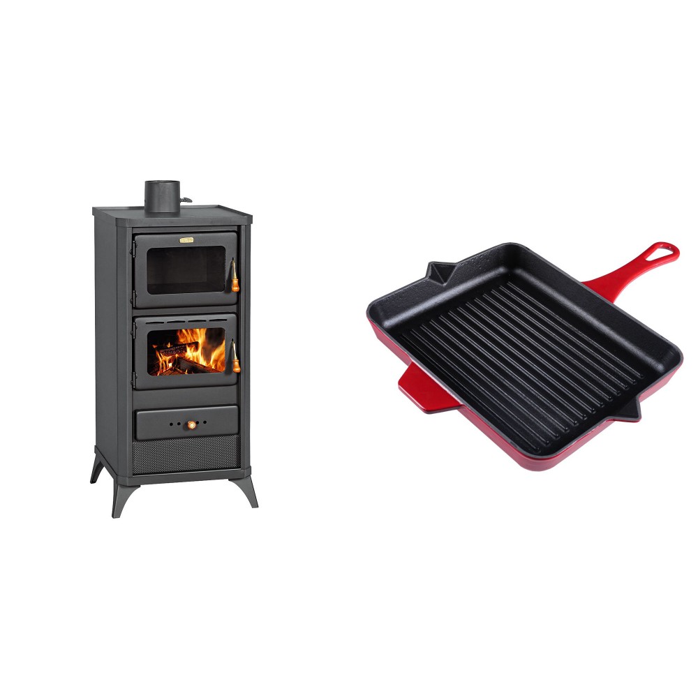 Set Kaminofen, Holzofen mit Backfach Prity, Modell FM E, Leistung 12.1kW, Füße + Emaillierte grillpfanne Gusseisen Solagio, Rubin, 26x32cm