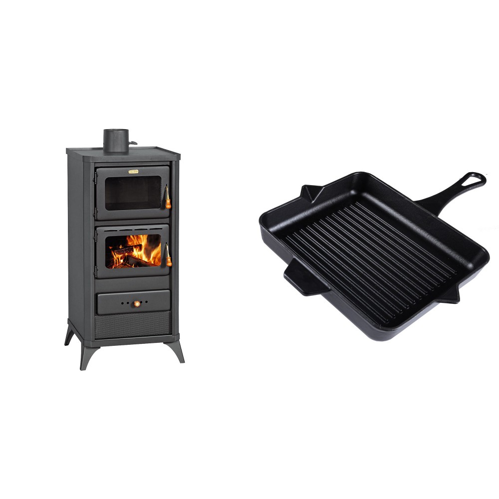 Set Kaminofen, Holzofen mit Backfach Prity, Modell FM E, Leistung 12.1kW, Füße + Emaillierte grillpfanne Gusseisen Solagio, Black Onyx, 26x32cm | Holzofen | Kaminofen |