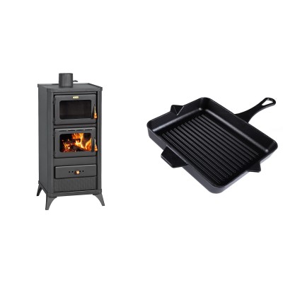Set Kaminofen, Holzofen mit Backfach Prity, Modell FM E, Leistung 12.1kW, Füße + Emaillierte grillpfanne Gusseisen Solagio, Black Onyx, 26x32cm - Kaminofen - Holzofen mit Backfach