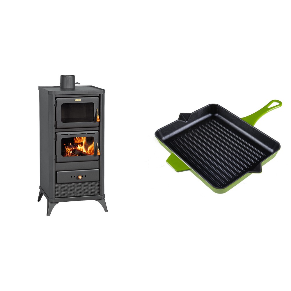 Set Kaminofen, Holzofen mit Backfach Prity, Modell FM E, Leistung 12.1kW, Füße + Emaillierte grillpfanne Gusseisen Solagio, Bamboo, 26x32cm