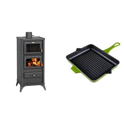 Set Kaminofen, Holzofen mit Backfach Prity, Modell FM E, Leistung 12.1kW, Füße + Emaillierte grillpfanne Gusseisen Solagio, Bamboo, 26x32cm - Kaminofen - Holzofen mit Backfach