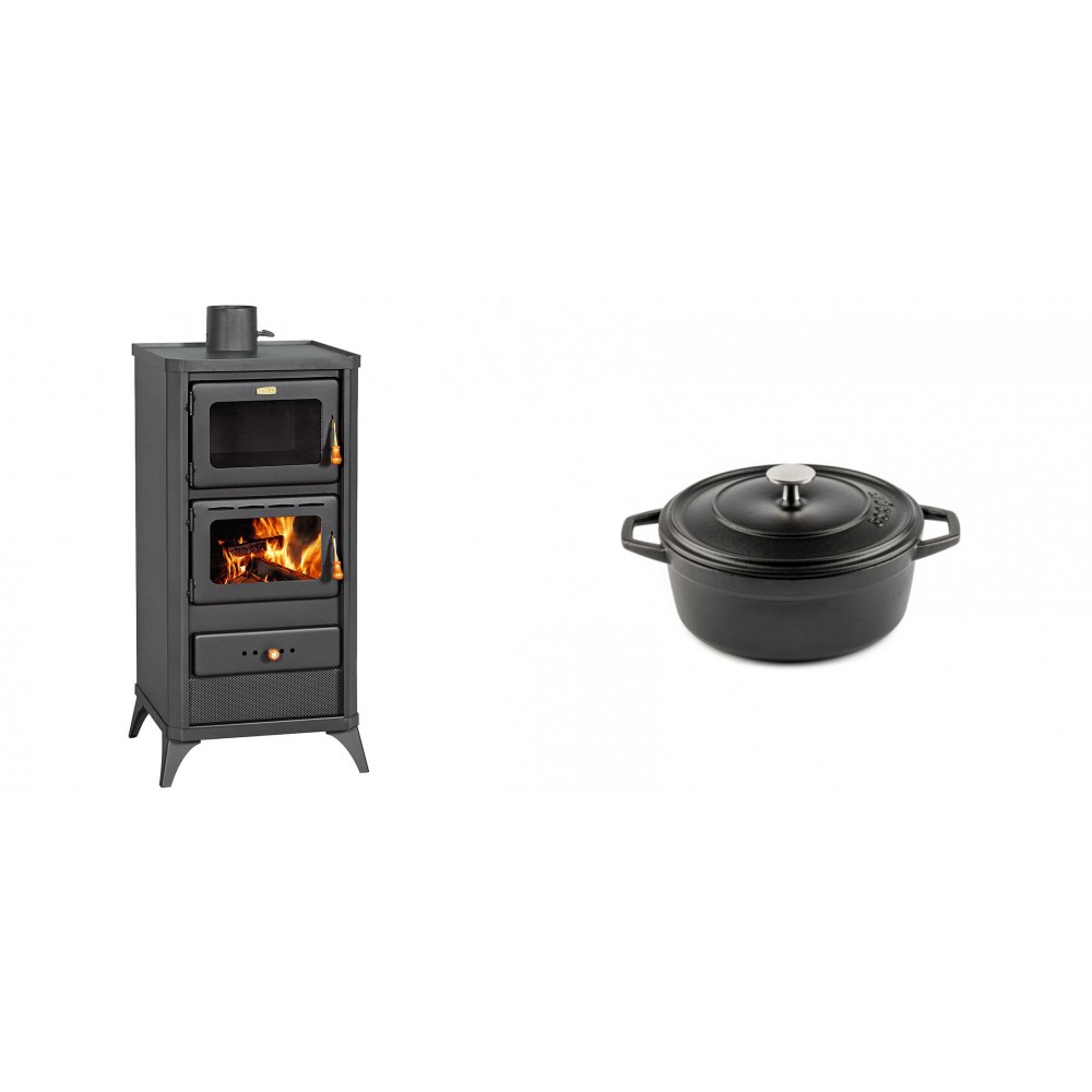 Set Kaminofen, Holzofen mit Backfach Prity, Modell FM E, Leistung 12.1kW, Füße + Gusseisen Topf Tiefer Solagio, Black Onyx, Ф12 | Holzofen | Kaminofen |