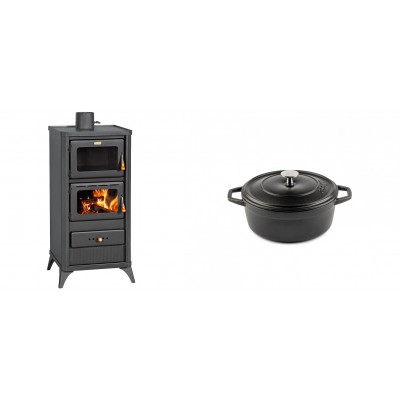 Set Kaminofen, Holzofen mit Backfach Prity, Modell FM E, Leistung 12.1kW, Füße + Gusseisen Topf Tiefer Solagio, Black Onyx, Ф12 - Kaminofen - Holzofen mit Backfach