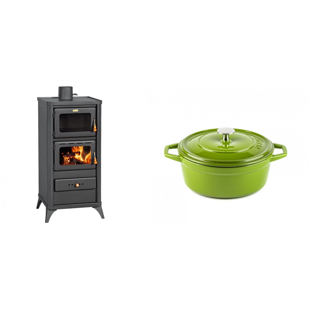 Set Kaminofen, Holzofen mit Backfach Prity, Modell FM E, Leistung 12.1kW, Füße + Gusseisen Topf Tiefer Solagio, Bamboo, Ф20 | Holzofen | Kaminofen |