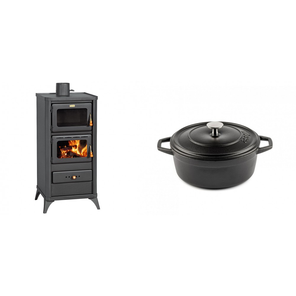Set Kaminofen, Holzofen mit Backfach Prity, Modell FM E, Leistung 12.1kW, Füße + Gusseisen Topf Tiefer Solagio, Black Onyx, Ф20