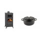 Set Kaminofen, Holzofen mit Backfach Prity, Modell FM E, Leistung 12.1kW, Füße + Gusseisen Topf Tiefer Solagio, Black Onyx, Ф20 | Holzofen | Kaminofen |