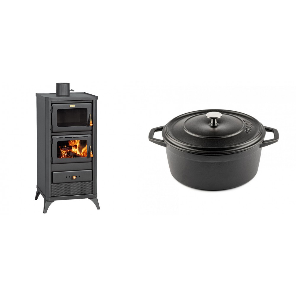 Set Kaminofen, Holzofen mit Backfach Prity, Modell FM E, Leistung 12.1kW, Füße + Gusseisen Topf Tiefer Solagio, Black Onyx, Ф24