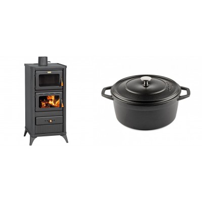 Set Kaminofen, Holzofen mit Backfach Prity, Modell FM E, Leistung 12.1kW, Füße + Gusseisen Topf Tiefer Solagio, Black Onyx, Ф24 - Kaminofen - Holzofen mit Backfach