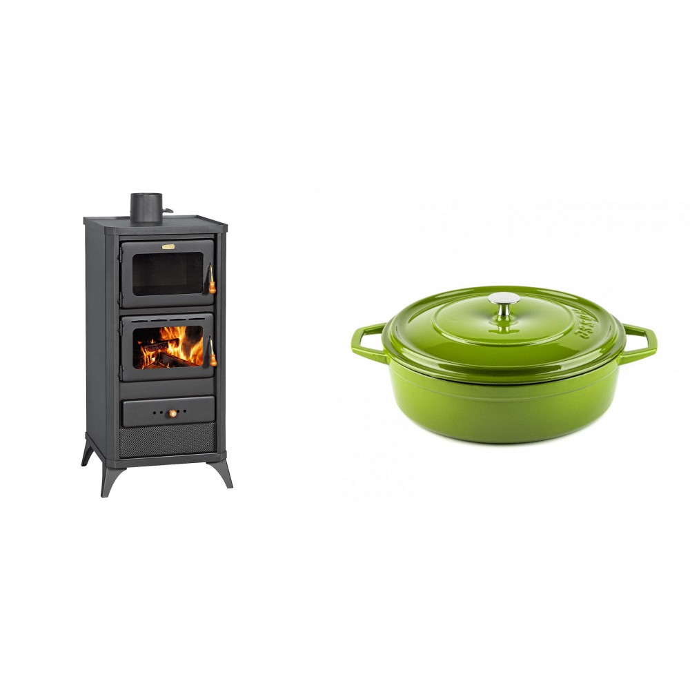 Set Kaminofen, Holzofen mit Backfach Prity, Modell FM E, Leistung 12.1kW, Füße + Gusseisen Topf Flach Solagio, Bamboo, Ф26