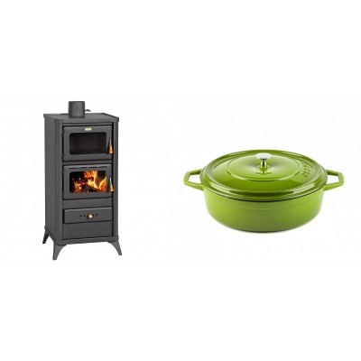 Set Kaminofen, Holzofen mit Backfach Prity, Modell FM E, Leistung 12.1kW, Füße + Gusseisen Topf Flach Solagio, Bamboo, Ф26 - Kaminofen - Holzofen mit Backfach