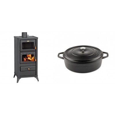 Set Kaminofen, Holzofen mit Backfach Prity, Modell FM E, Leistung 12.1kW, Füße + Gusseisen Topf Flach Solagio, Black Onyx, Ф26 - Kaminofen - Holzofen mit Backfach