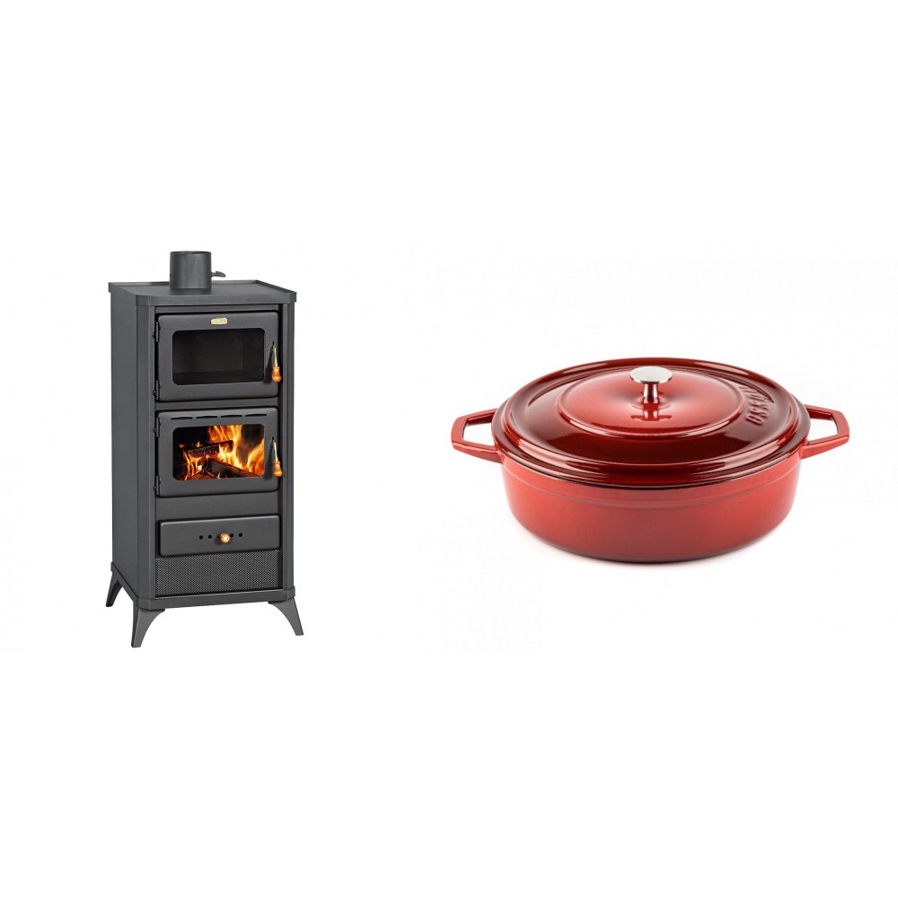 Set Kaminofen, Holzofen mit Backfach Prity, Modell FM E, Leistung 12.1kW, Füße + Gusseisen Topf Flach Solagio, Rubin, Ф26 | Holzofen | Kaminofen |