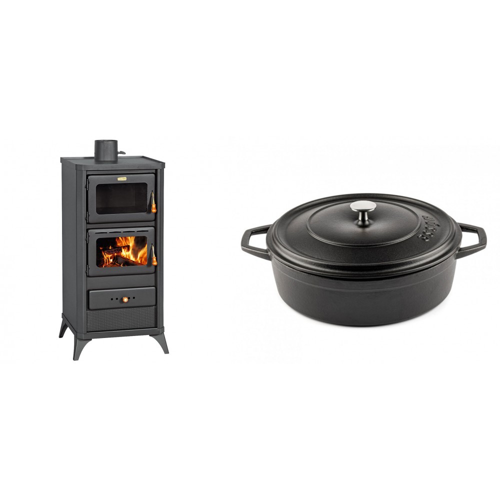 Set Kaminofen, Holzofen mit Backfach Prity, Modell FM E, Leistung 12.1kW, Füße + Gusseisen Topf Flach Solagio, Black Onyx, Ф28