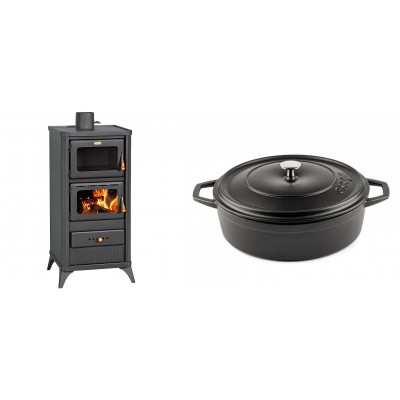Set Kaminofen, Holzofen mit Backfach Prity, Modell FM E, Leistung 12.1kW, Füße + Gusseisen Topf Flach Solagio, Black Onyx, Ф28 - Kaminofen - Holzofen mit Backfach