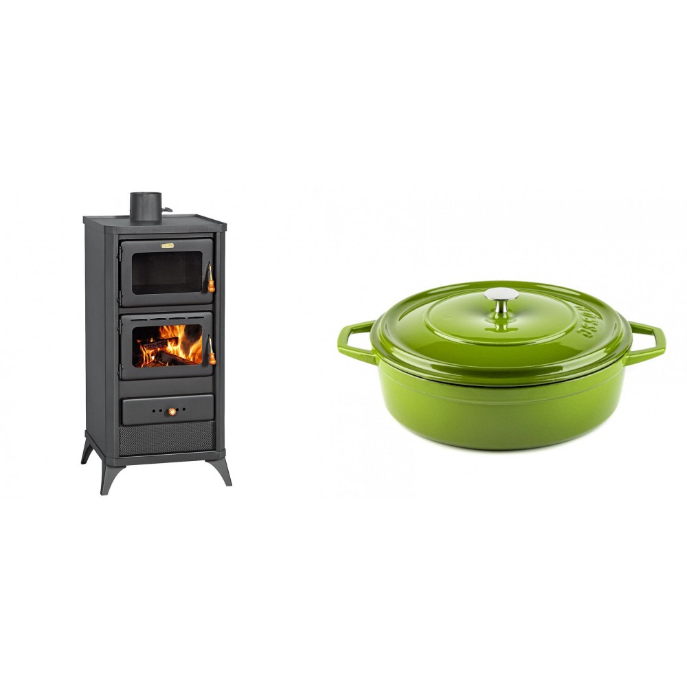 Set Kaminofen, Holzofen mit Backfach Prity, Modell FM E, Leistung 12.1kW, Füße + Gusseisen Topf Flach Solagio, Bamboo, Ф28 | Holzofen | Kaminofen |