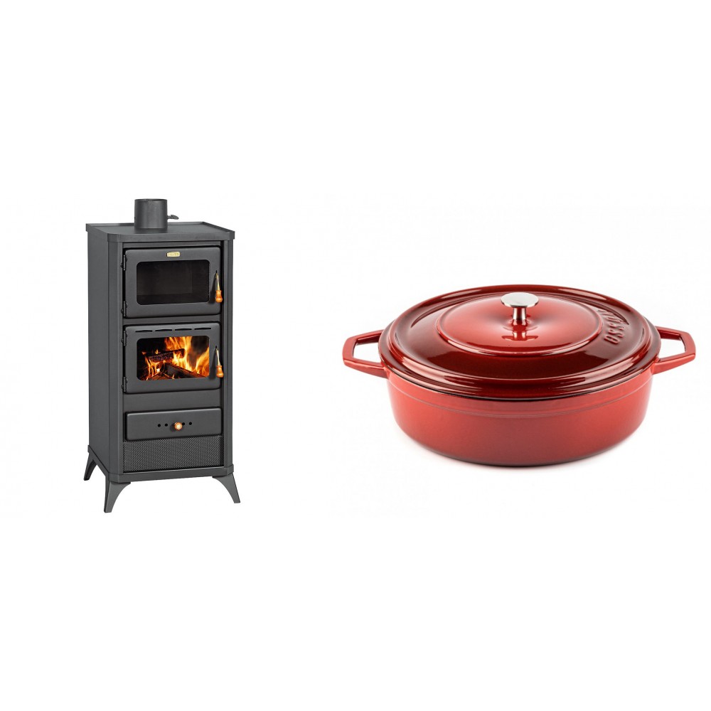 Set Kaminofen, Holzofen mit Backfach Prity, Modell FM E, Leistung 12.1kW, Füße + Gusseisen Topf Flach Solagio, Rubin, Ф28