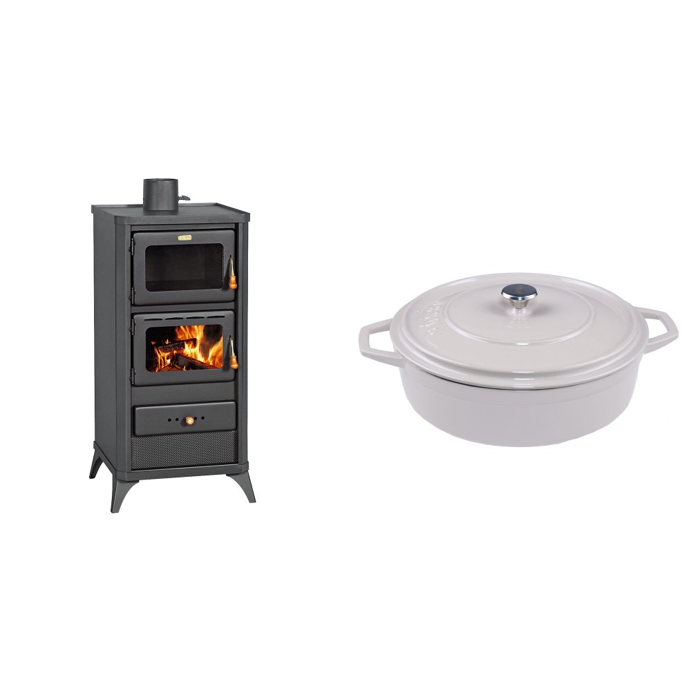 Set Kaminofen, Holzofen mit Backfach Prity, Modell FM E, Leistung 12.1kW, Füße + Gusseisen Topf Flach Solagio, Ivory, Ф28 | Holzofen | Kaminofen |