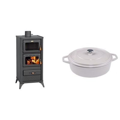 Set Kaminofen, Holzofen mit Backfach Prity, Modell FM E, Leistung 12.1kW, Füße + Gusseisen Topf Flach Solagio, Ivory, Ф28 - Kaminofen - Holzofen mit Backfach
