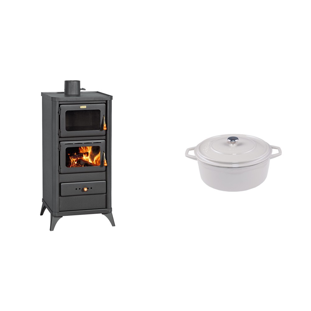 Set Kaminofen, Holzofen mit Backfach Prity, Modell FM E, Leistung 12.1kW, Füße + Gusseisen Topf Tiefer Solagio, Ivory, Ф12 | Holzofen | Kaminofen |