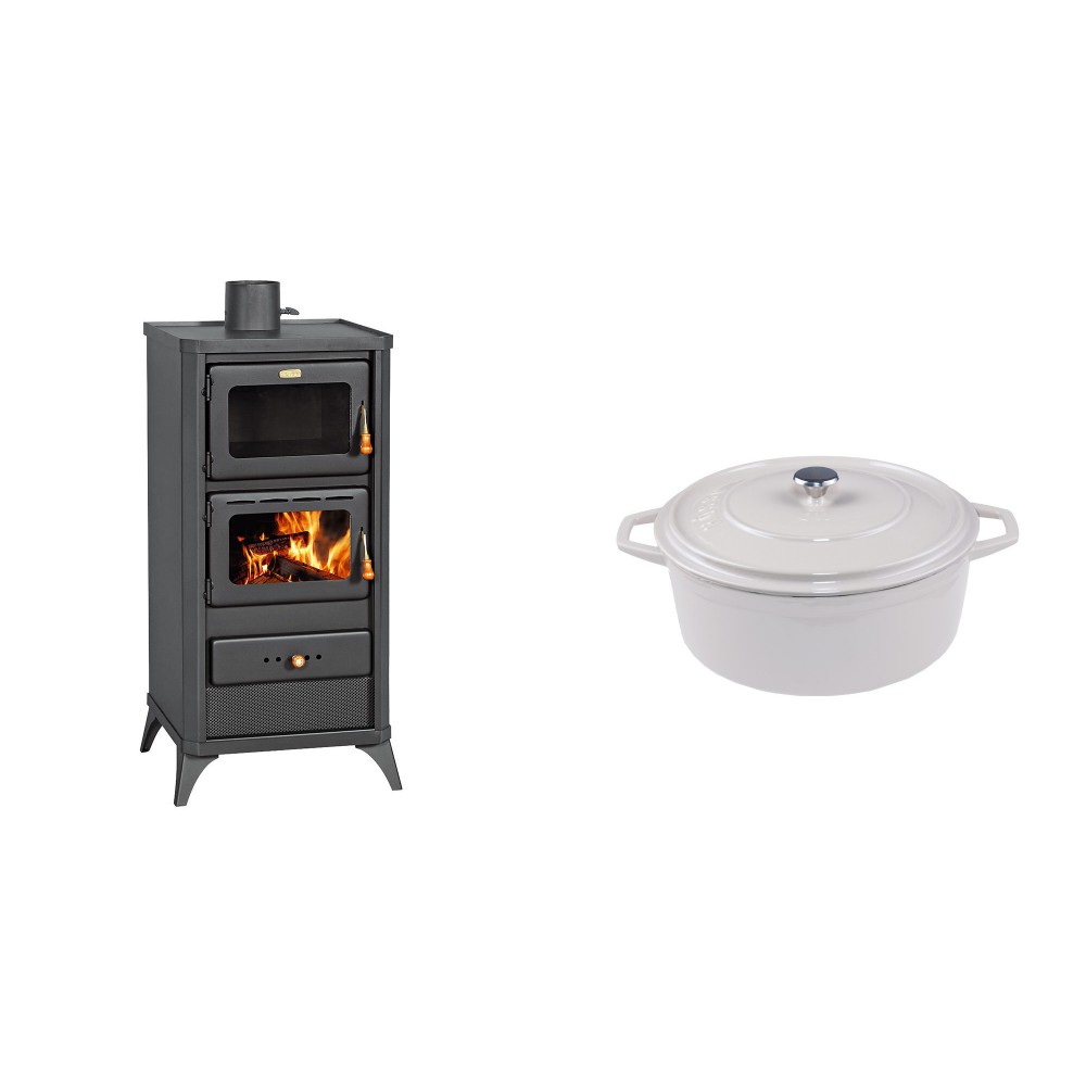 Set Kaminofen, Holzofen mit Backfach Prity, Modell FM E, Leistung 12.1kW, Füße + Gusseisen Topf Tiefer Solagio, Ivory, Ф20