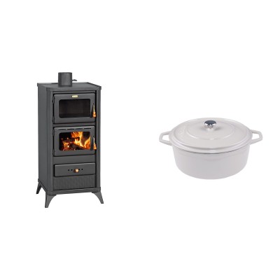 Set Kaminofen, Holzofen mit Backfach Prity, Modell FM E, Leistung 12.1kW, Füße + Gusseisen Topf Tiefer Solagio, Ivory, Ф20 - Kaminofen - Holzofen mit Backfach
