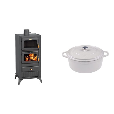 Set Kaminofen, Holzofen mit Backfach Prity, Modell FM E, Leistung 12.1kW, Füße + Gusseisen Topf Tiefer Solagio, Ivory, Ф24 - Kaminofen - Holzofen mit Backfach