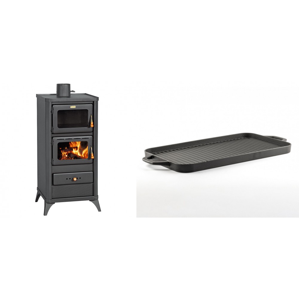 Set Kaminofen, Holzofen mit Backfach Prity, Modell FM E, Leistung 12.1kW, Füße + Große Grillplatte aus Gusseisen Solagio, 25x44cm | Holzofen | Kaminofen |