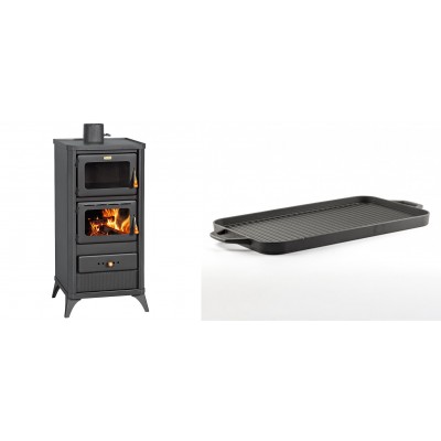 Set Kaminofen, Holzofen mit Backfach Prity, Modell FM E, Leistung 12.1kW, Füße + Große Grillplatte aus Gusseisen Solagio, 25x44cm - Kaminofen - Holzofen mit Backfach