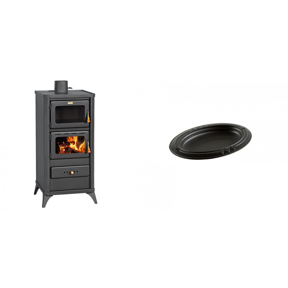 Set Kaminofen, Holzofen mit Backfach Prity, Modell FM E, Leistung 12.1kW, Füße + Gusseiserne auflaufform Solagio oval, 17x28cm | Holzofen | Kaminofen |
