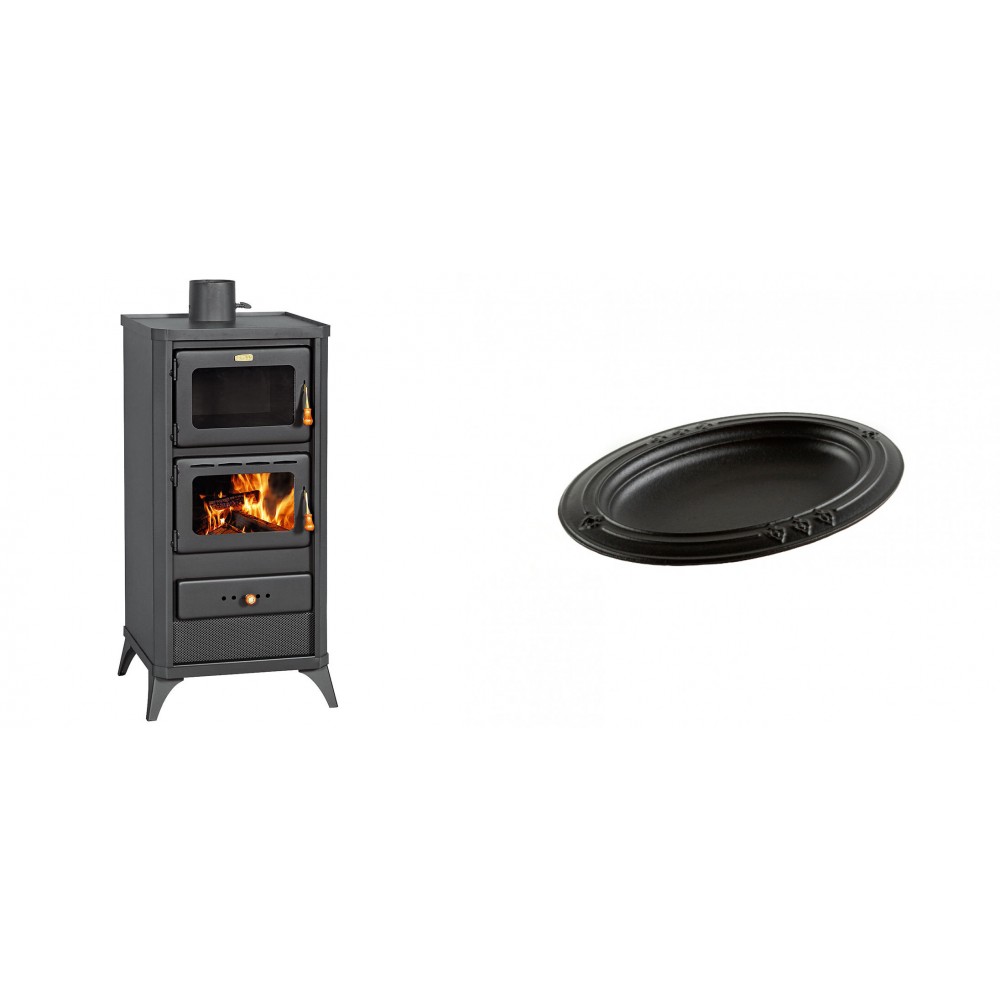 Set Kaminofen, Holzofen mit Backfach Prity, Modell FM E, Leistung 12.1kW, Füße + Gusseiserne auflaufform Solagio oval, 25x33cm