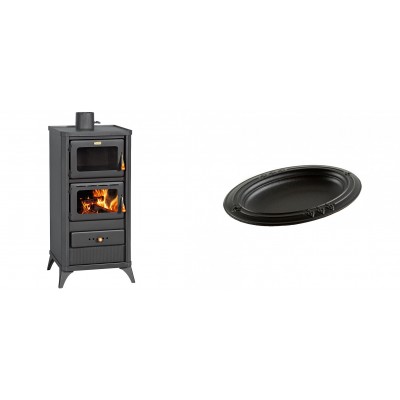 Set Kaminofen, Holzofen mit Backfach Prity, Modell FM E, Leistung 12.1kW, Füße + Gusseiserne auflaufform Solagio oval, 25x33cm - Kaminofen - Holzofen mit Backfach