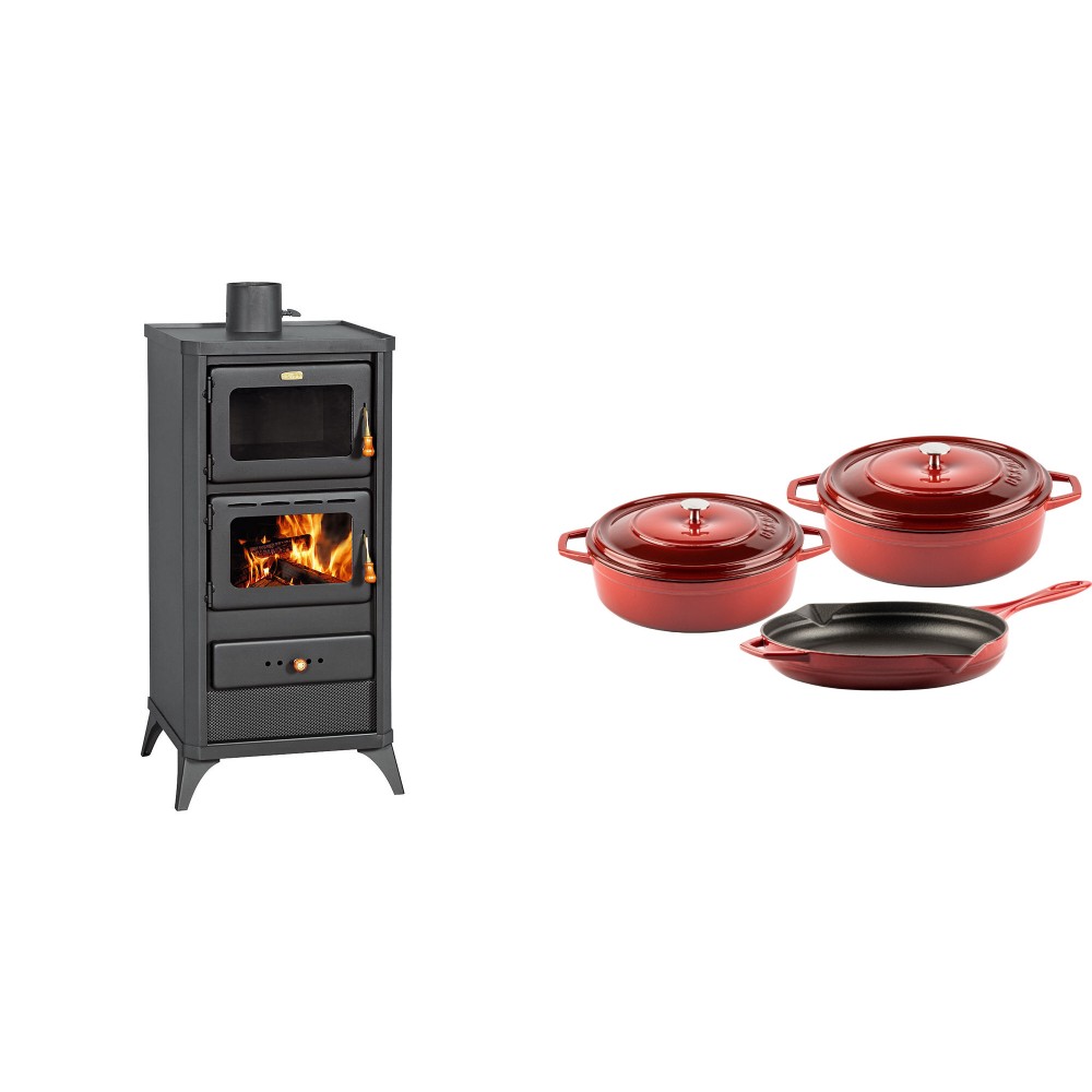 Set Kaminofen, Holzofen mit Backfach Prity, Modell FM E, Leistung 12.1kW, Füße + Gusseisen Topf Set aus 3 teilen Solagio, Rubin