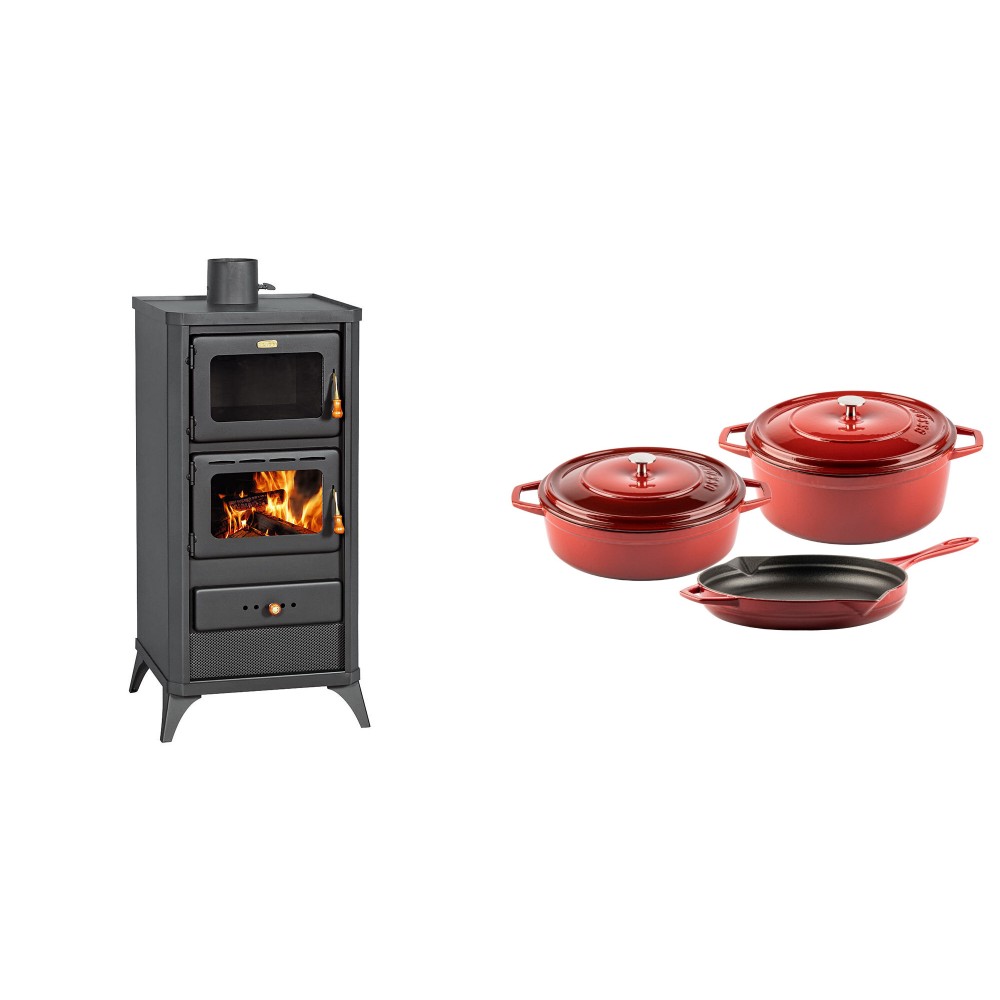 Set Kaminofen, Holzofen mit Backfach Prity, Modell FM E, Leistung 12.1kW, Füße + Gusseisen Topf Set aus 3 teilen Solagio, Rubin | Holzofen | Kaminofen |