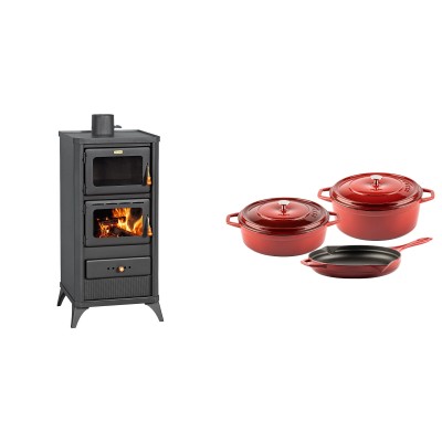 Set Kaminofen, Holzofen mit Backfach Prity, Modell FM E, Leistung 12.1kW, Füße + Gusseisen Topf Set aus 3 teilen Solagio, Rubin - Kaminofen - Holzofen mit Backfach
