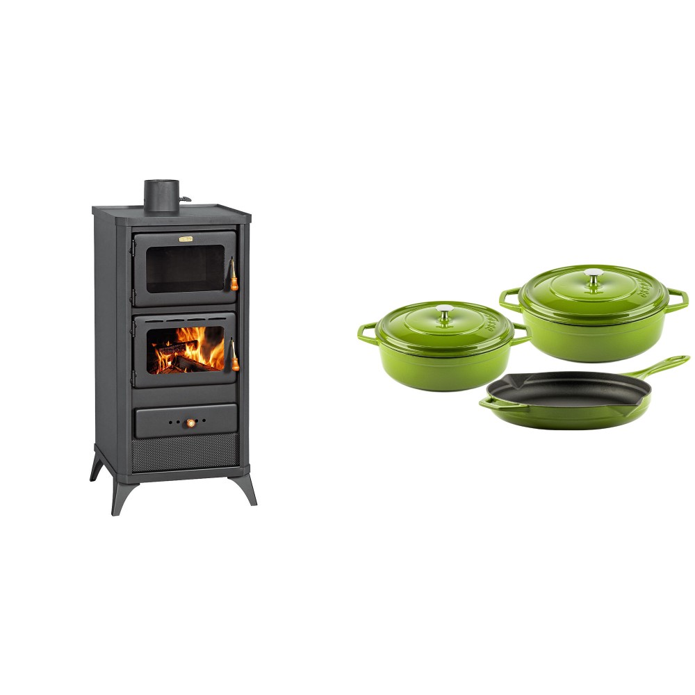 Set Kaminofen, Holzofen mit Backfach Prity, Modell FM E, Leistung 12.1kW, Füße + Gusseisen Topf Set aus 3 teilen Solagio, Bamboo | Holzofen | Kaminofen |