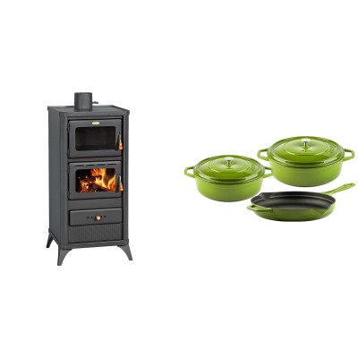 Set Kaminofen, Holzofen mit Backfach Prity, Modell FM E, Leistung 12.1kW, Füße + Gusseisen Topf Set aus 3 teilen Solagio, Bamboo - Kaminofen - Holzofen mit Backfach