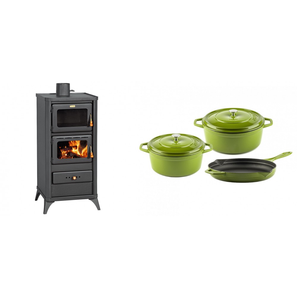 Set Kaminofen, Holzofen mit Backfach Prity, Modell FM E, Leistung 12.1kW, Füße + Gusseisen Topf Set aus 3 teilen Solagio, Bamboo | Holzofen | Kaminofen |