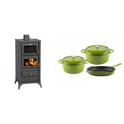 Set Kaminofen, Holzofen mit Backfach Prity, Modell FM E, Leistung 12.1kW, Füße + Gusseisen Topf Set aus 3 teilen Solagio, Bamboo - Kaminofen - Holzofen mit Backfach