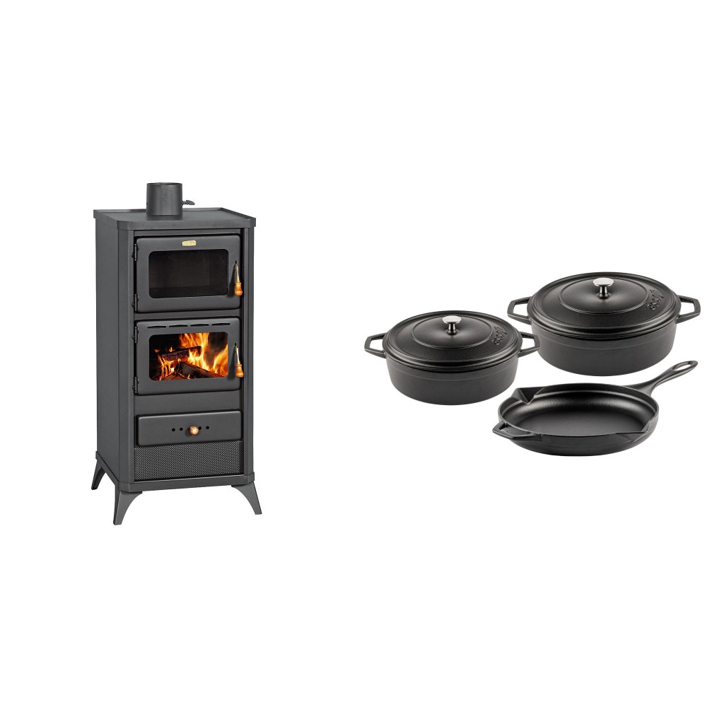 Set Kaminofen, Holzofen mit Backfach Prity, Modell FM E, Leistung 12.1kW, Füße + Gusseisen Topf Set aus 3 teilen Solagio, Black Onyx