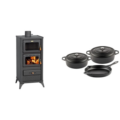 Set Kaminofen, Holzofen mit Backfach Prity, Modell FM E, Leistung 12.1kW, Füße + Gusseisen Topf Set aus 3 teilen Solagio, Black Onyx - Kaminofen - Holzofen mit Backfach