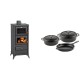 Set Kaminofen, Holzofen mit Backfach Prity, Modell FM E, Leistung 12.1kW, Füße + Gusseisen Topf Set aus 3 teilen Solagio, Black Onyx | Holzofen | Kaminofen |