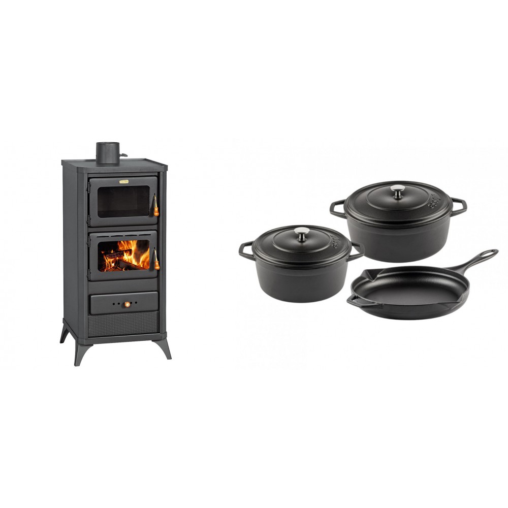 Set Kaminofen, Holzofen mit Backfach Prity, Modell FM E, Leistung 12.1kW, Füße + Gusseisen Topf Set aus 3 teilen Solagio, Black Onyx