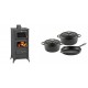 Set Kaminofen, Holzofen mit Backfach Prity, Modell FM E, Leistung 12.1kW, Füße + Gusseisen Topf Set aus 3 teilen Solagio, Black Onyx | Holzofen | Kaminofen |